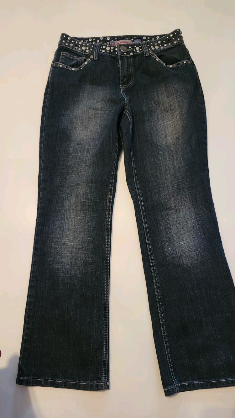 Y2K Baccini Rhinestone Embellished Flare Jeans Dark Wash Bling Size 6P #449